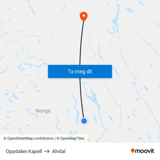 Oppdalen Kapell to Alvdal map