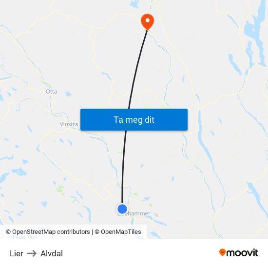 Lier to Alvdal map