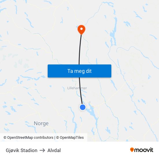 Gjøvik Stadion to Alvdal map