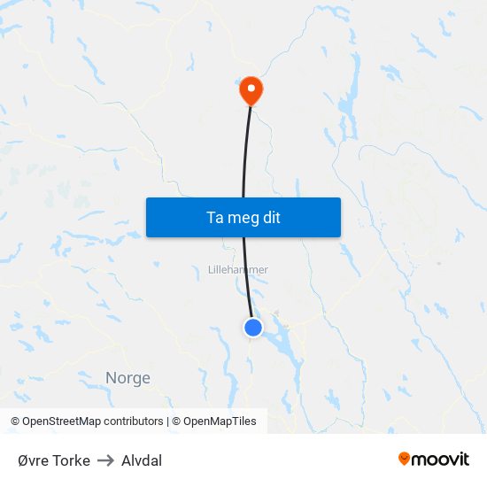Øvre Torke to Alvdal map