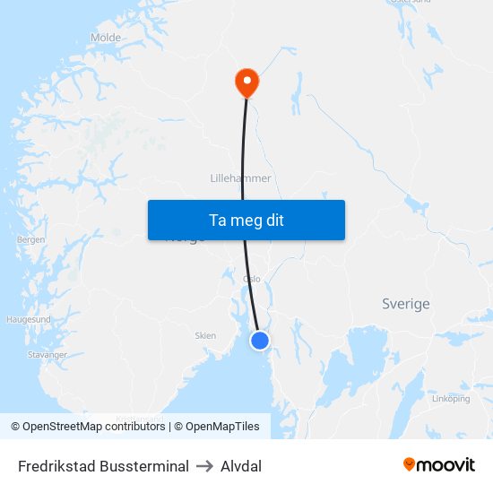 Fredrikstad Bussterminal to Alvdal map