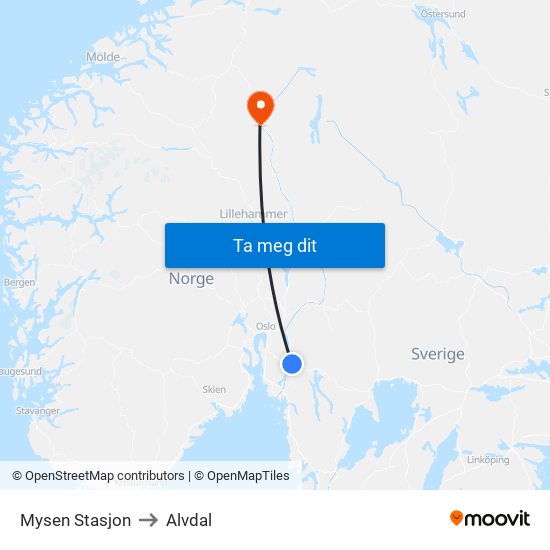 Mysen Stasjon to Alvdal map