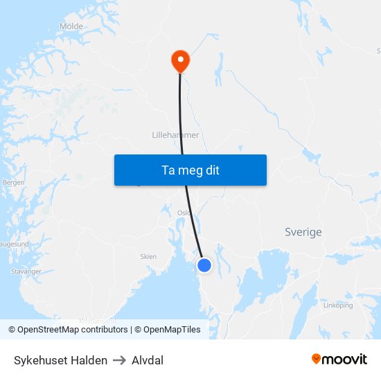 Sykehuset Halden to Alvdal map