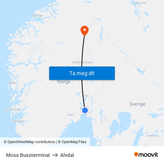 Moss Bussterminal to Alvdal map