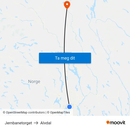 Jernbanetorget to Alvdal map
