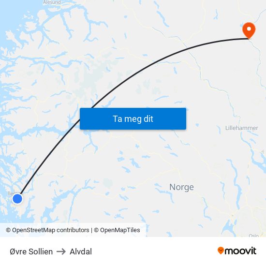 Øvre Sollien to Alvdal map