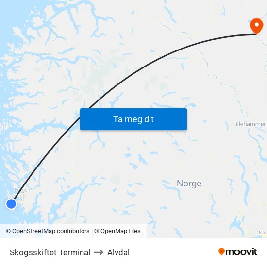 Skogsskiftet Terminal to Alvdal map