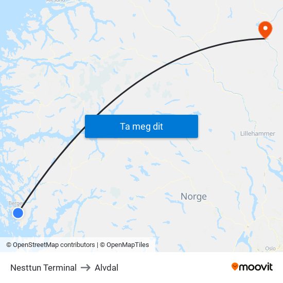 Nesttun Terminal to Alvdal map