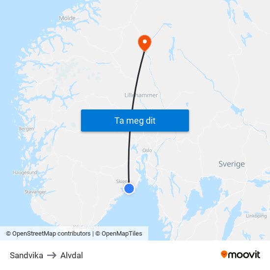 Sandvika to Alvdal map