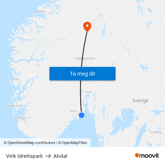 Virik Idrettspark to Alvdal map