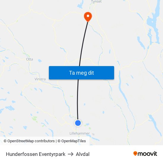 Hunderfossen Eventyrpark to Alvdal map