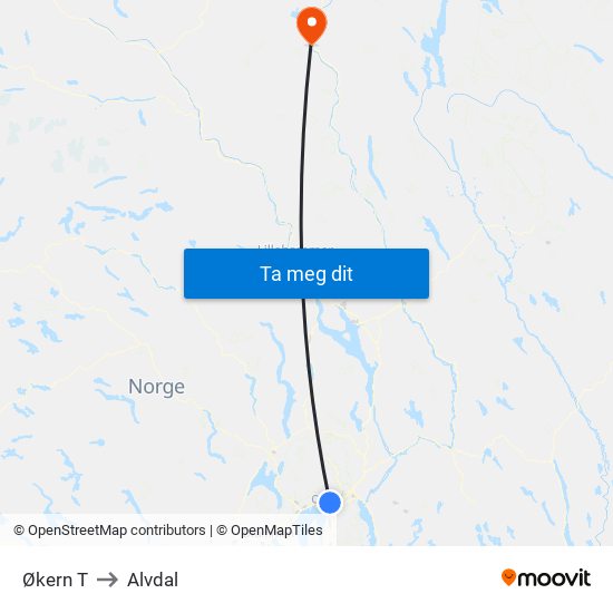 Økern T to Alvdal map