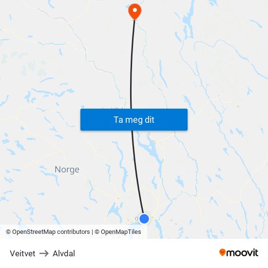 Veitvet to Alvdal map