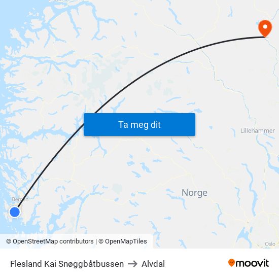 Flesland Kai Snøggbåtbussen to Alvdal map