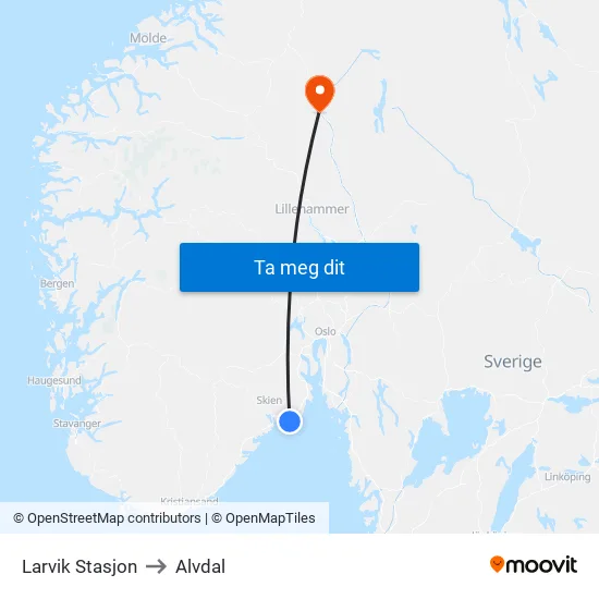 Larvik Stasjon to Alvdal map