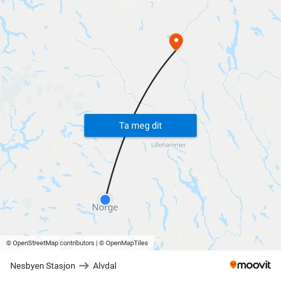 Nesbyen Stasjon to Alvdal map