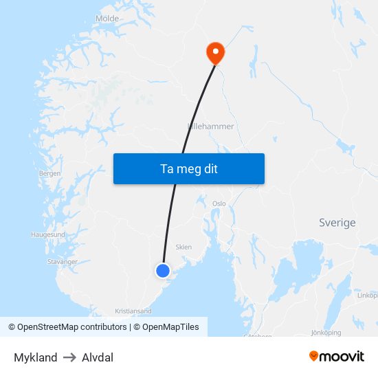 Mykland to Alvdal map