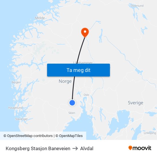 Kongsberg Stasjon Baneveien to Alvdal map