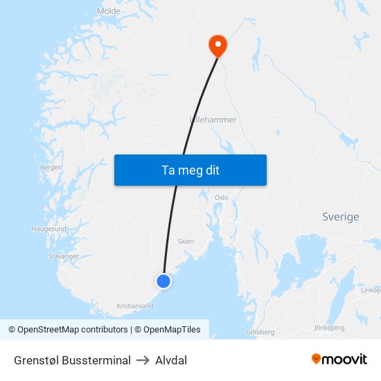 Grenstøl Bussterminal to Alvdal map