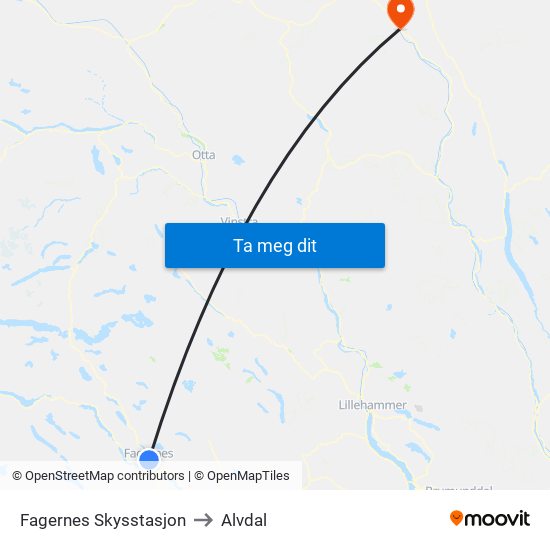 Fagernes Skysstasjon to Alvdal map