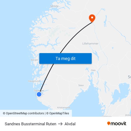 Sandnes Bussterminal Ruten to Alvdal map