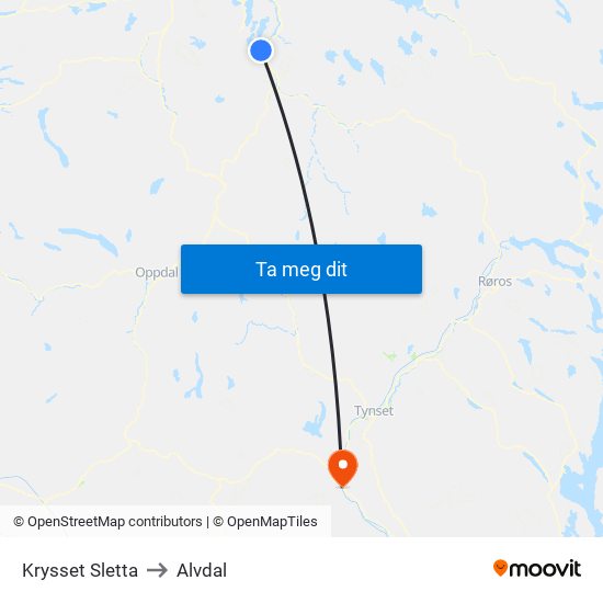 Krysset Sletta to Alvdal map