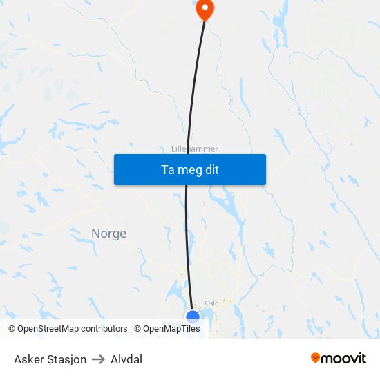 Asker Stasjon to Alvdal map