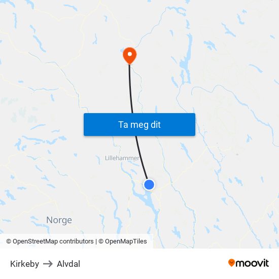 Kirkeby to Alvdal map