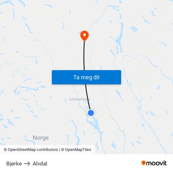 Bjørke to Alvdal map