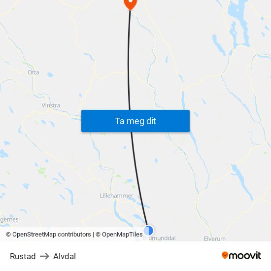Rustad to Alvdal map