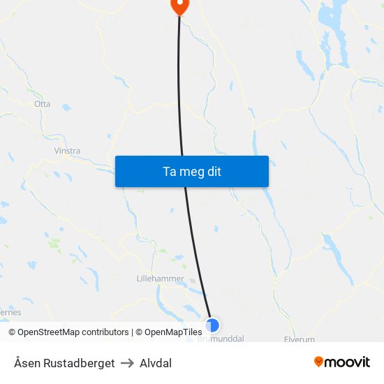 Åsen Rustadberget to Alvdal map