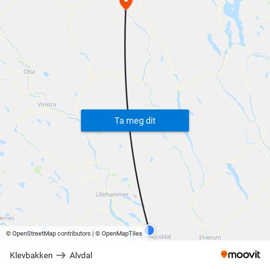 Klevbakken to Alvdal map