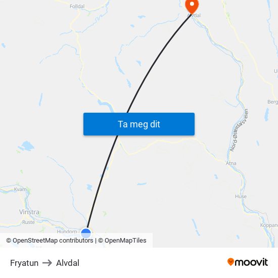 Fryatun to Alvdal map