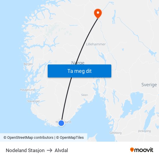 Nodeland Stasjon to Alvdal map