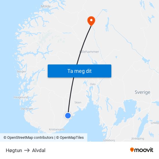 Høgtun to Alvdal map