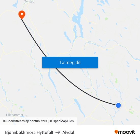 Bjønnbekkmora Hyttefelt to Alvdal map