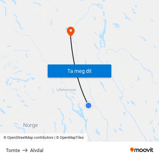 Tomte to Alvdal map