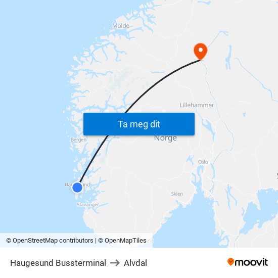 Haugesund Bussterminal to Alvdal map