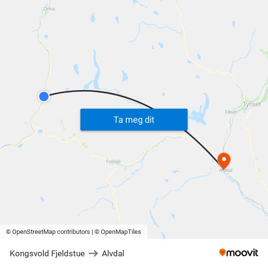 Kongsvold Fjeldstue to Alvdal map