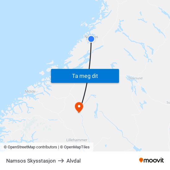 Namsos Skysstasjon to Alvdal map