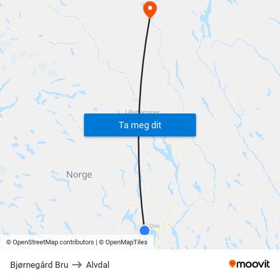 Bjørnegård Bru to Alvdal map