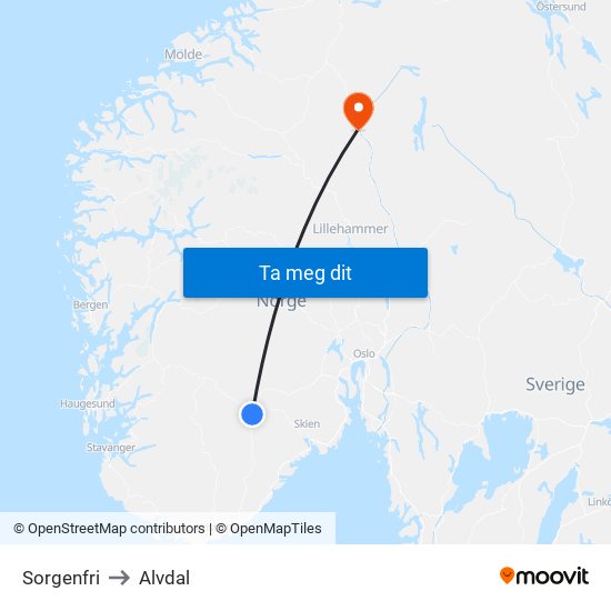 Sorgenfri to Alvdal map