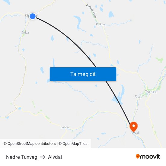 Nedre Tunveg to Alvdal map