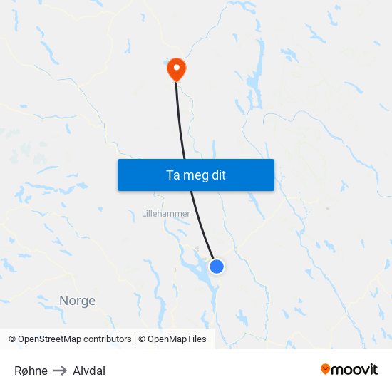Røhne to Alvdal map