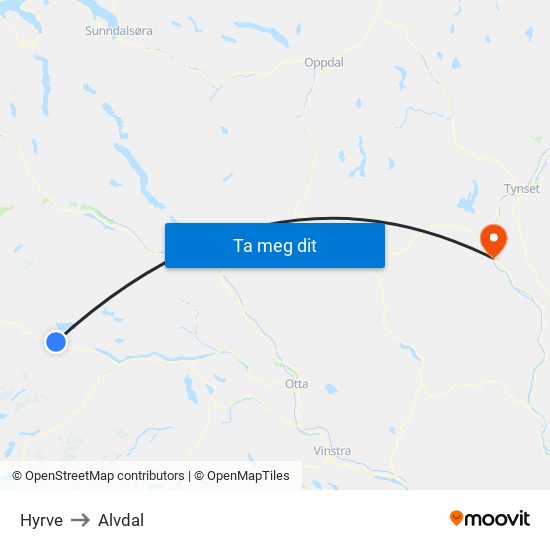 Hyrve to Alvdal map