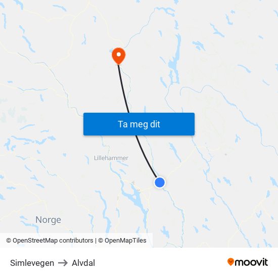 Simlevegen to Alvdal map