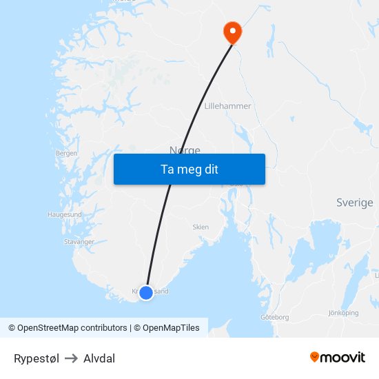 Rypestøl to Alvdal map