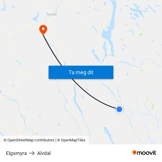 Elgsmyra to Alvdal map