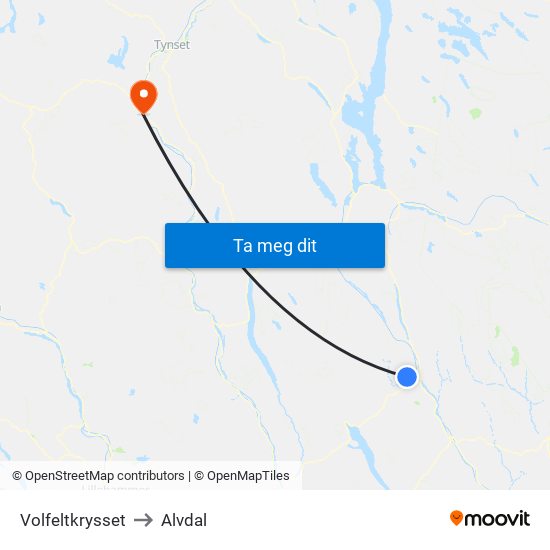 Volfeltkrysset to Alvdal map