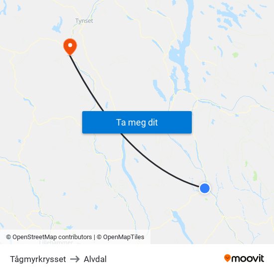 Tågmyrkrysset to Alvdal map